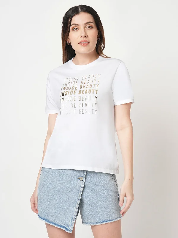 Women Chest Printed Slim Fit White Boxy T-Shirt