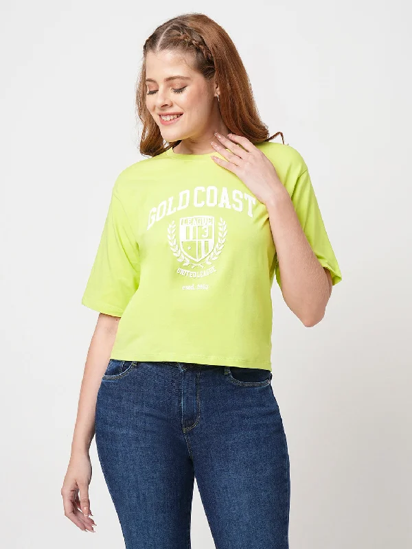 Women Slim Fit Lime Crop T-Shirt Chest Print