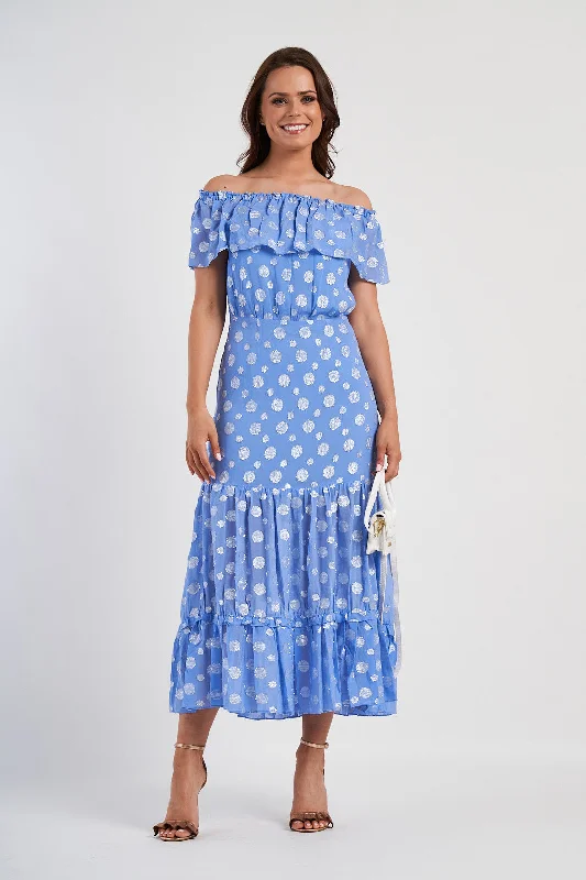 RIXO Powder Blue Metallic Spot Off The Shoulder Midi Dress