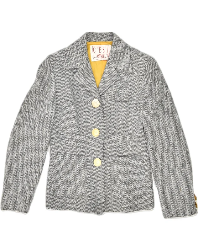 C'EST COMMECA Womens 3 Button Blazer Jacket UK 10 Small  Grey Herringbone