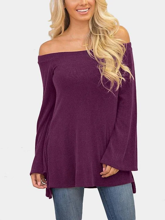 Custom Off The Shoulder Plain Slit Long Sleeve Purple T-Shirts