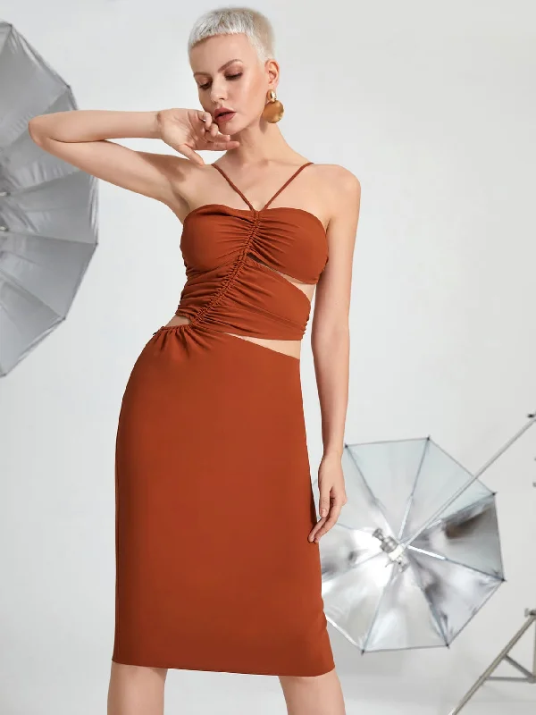 Sexy Plain Button Sleeveless Spaghetti Strap Pencil Natural Midi Dress