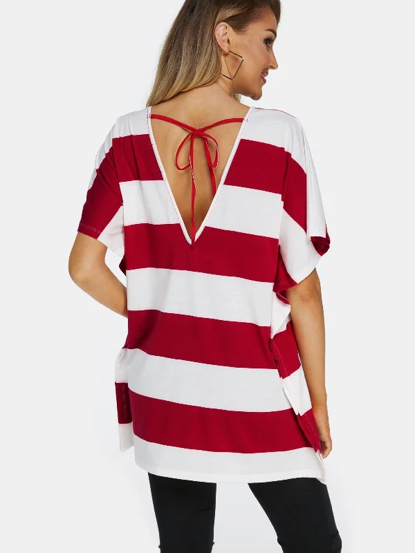 Custom V-Neck Stripe Backless Lace-Up Short Sleeve Red T-Shirts