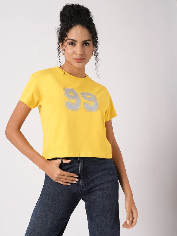 Women Slim Fit Golden Sunset Crop T-Shirt Chest Print