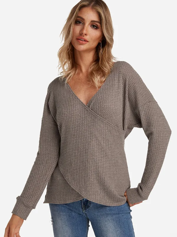 Custom V-Neck Crossed Front Long Sleeve Irregular Hem Taupe Top