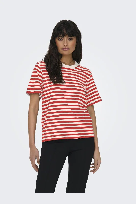 Only - Onllivina S/S Stripe Tee - 4718666 Cloud Dancer Salsa Stripes