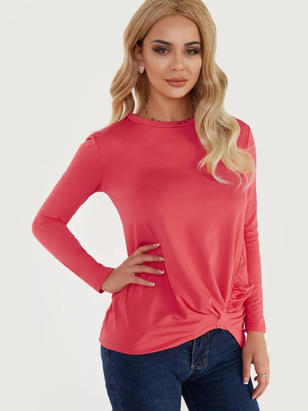 OEM ODM Round Neck Long Sleeve Irregular Hem Red T-Shirts