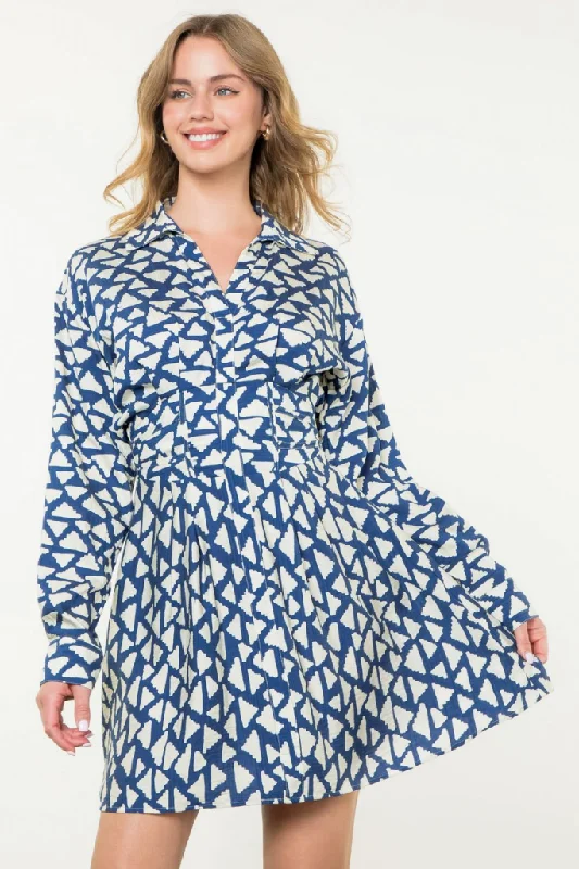 Isla Printed Long Sleeve Dress in Navy