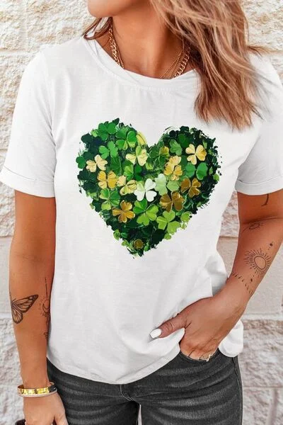 Clover Heart Round Neck Short Sleeve T-Shirt