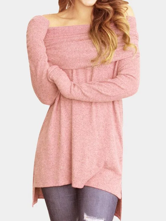 Custom Off The Shoulder Long Sleeve Irregular Hem Pink T-Shirts