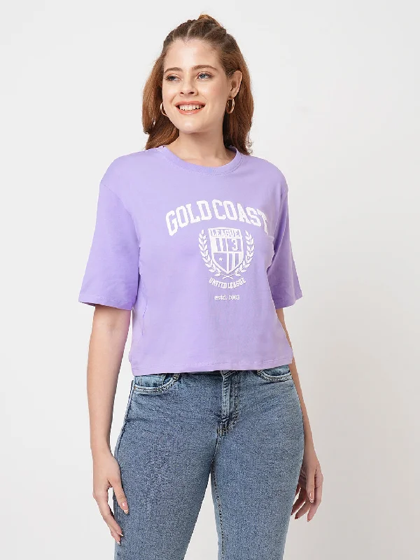 Women Slim Fit Lilac Crop T-Shirt Chest Print