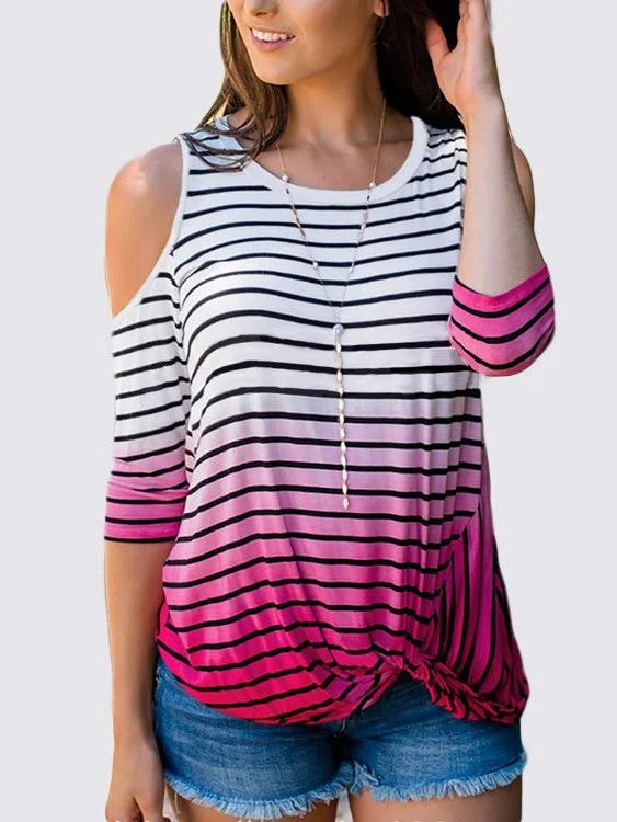 Custom Round Neck Cold Shoulder Stripe 3/4 Sleeve Rose T-Shirts