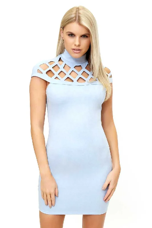 Eleni - Pale Blue Scuba Suede High Neck Bodycon Dress