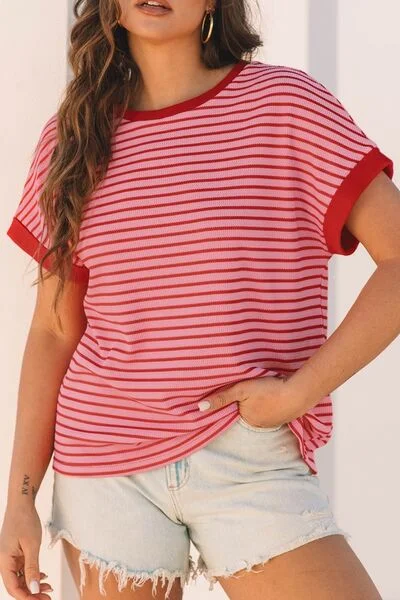 Contrast Striped Round Neck Short Sleeve T-Shirt