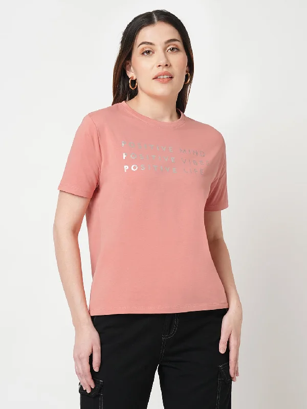 Women Chest Printed Slim Fit Blush Pink Boxy T-Shirt