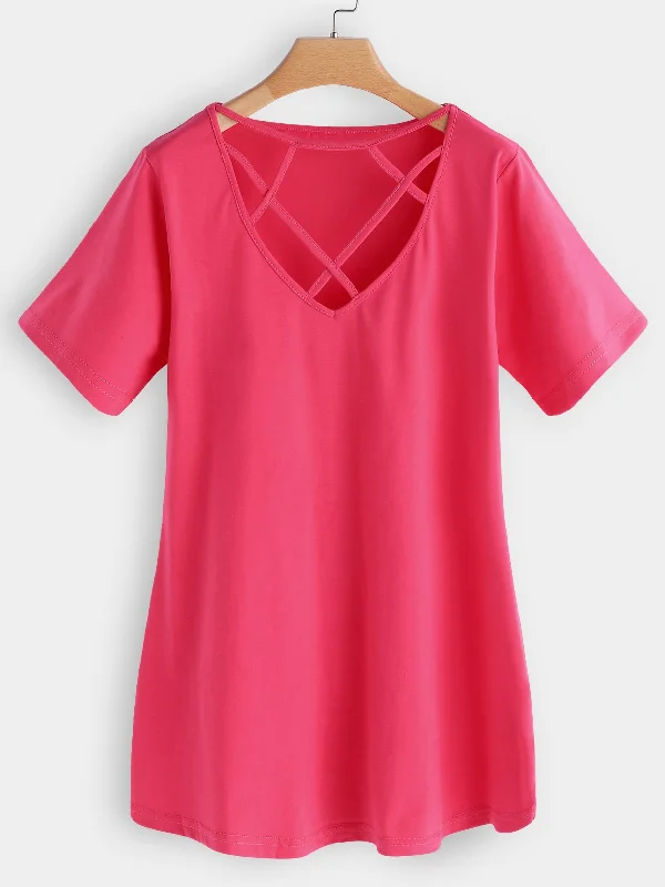 Custom V-Neck Plain Crossed Front Hollow Lace-Up Cut Out Short Sleeve Pink T-Shirts