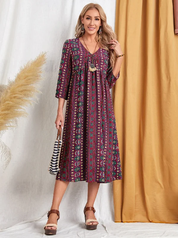 Geometric Three Quarter Length Sleeve V Neck Flared Natural Midi Dress